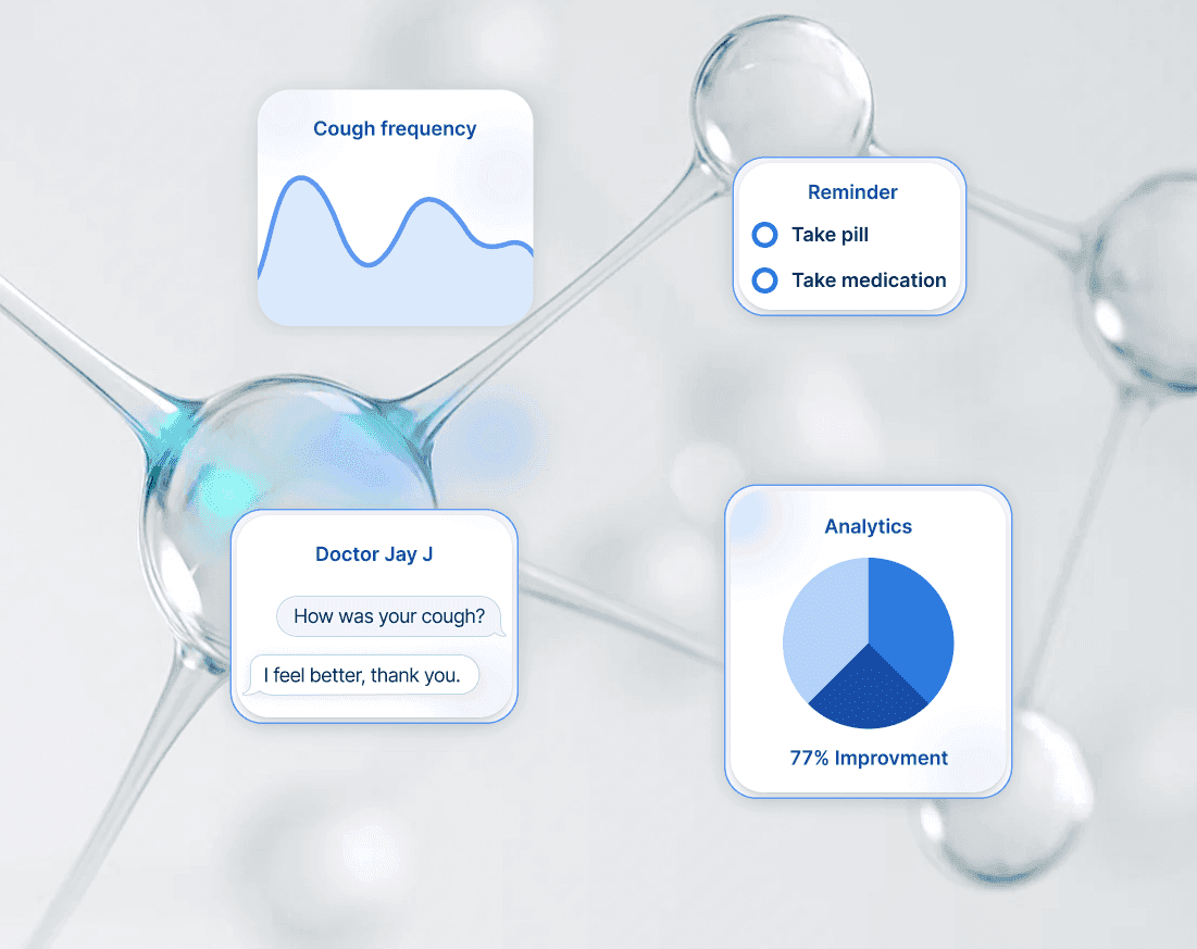 Visual representation of a digital therapeutic ecosystem showing cough frequency trends, medication reminders, doctor–patient chat, and treatment analytics.