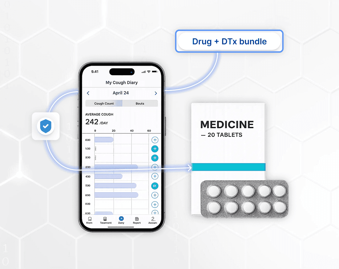 Smartphone displaying the cough diary interface paired with a medicine package, illustrating an integrated Drug + DTx treatment bundle.