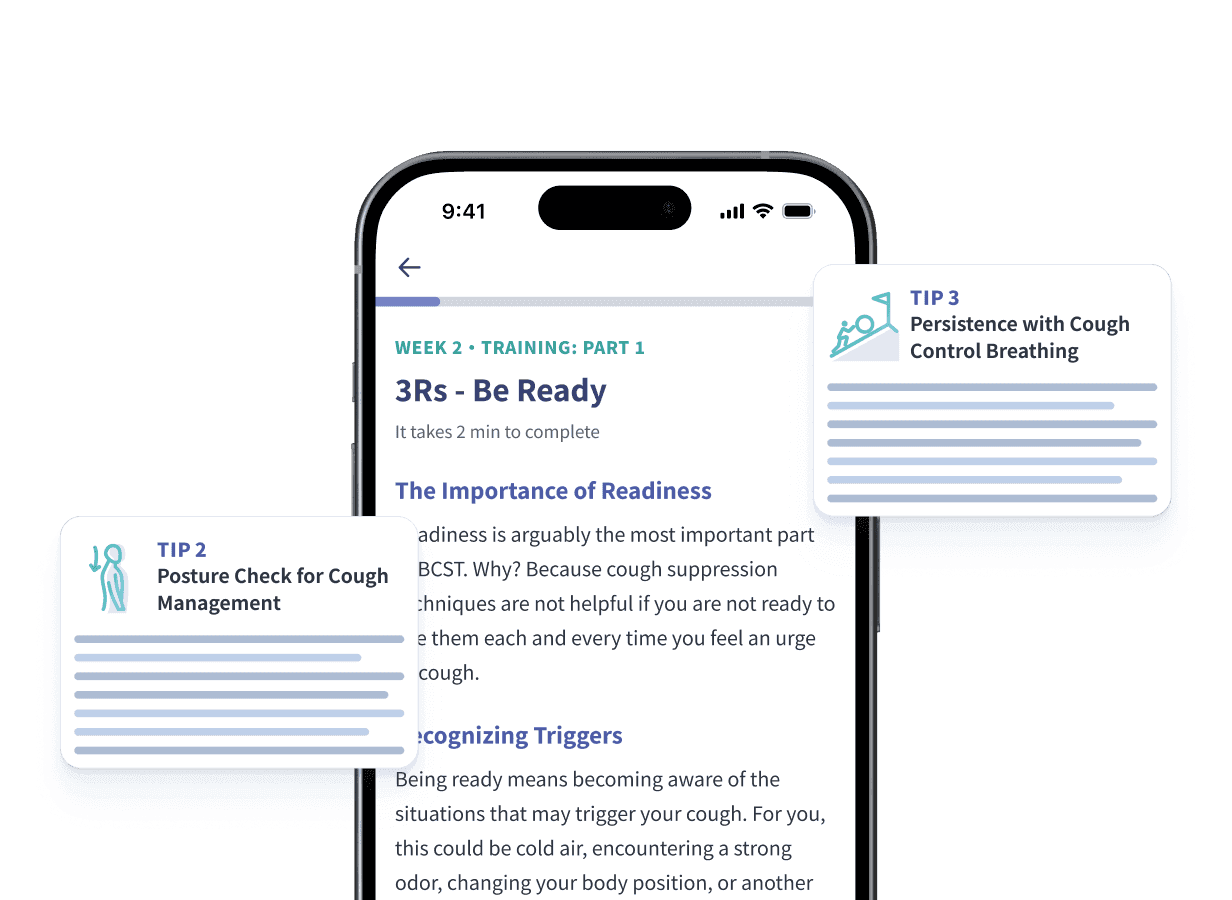 Smartphone screen showing real-time continuous cough monitoring tips inside the ResolveDTx app interface