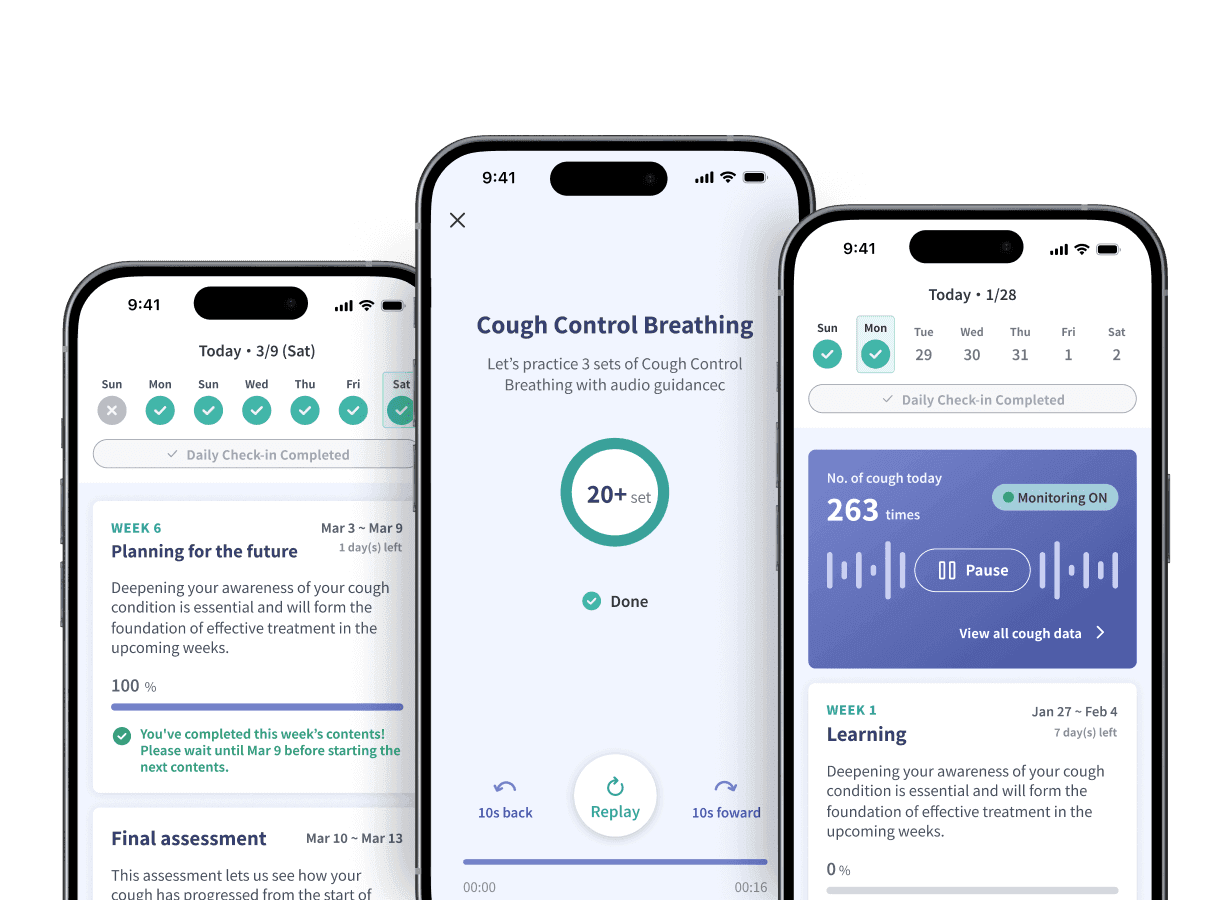 ResolveDTx mobile app screens demonstrating digital cough suppression therapy exercises and daily progress tracking