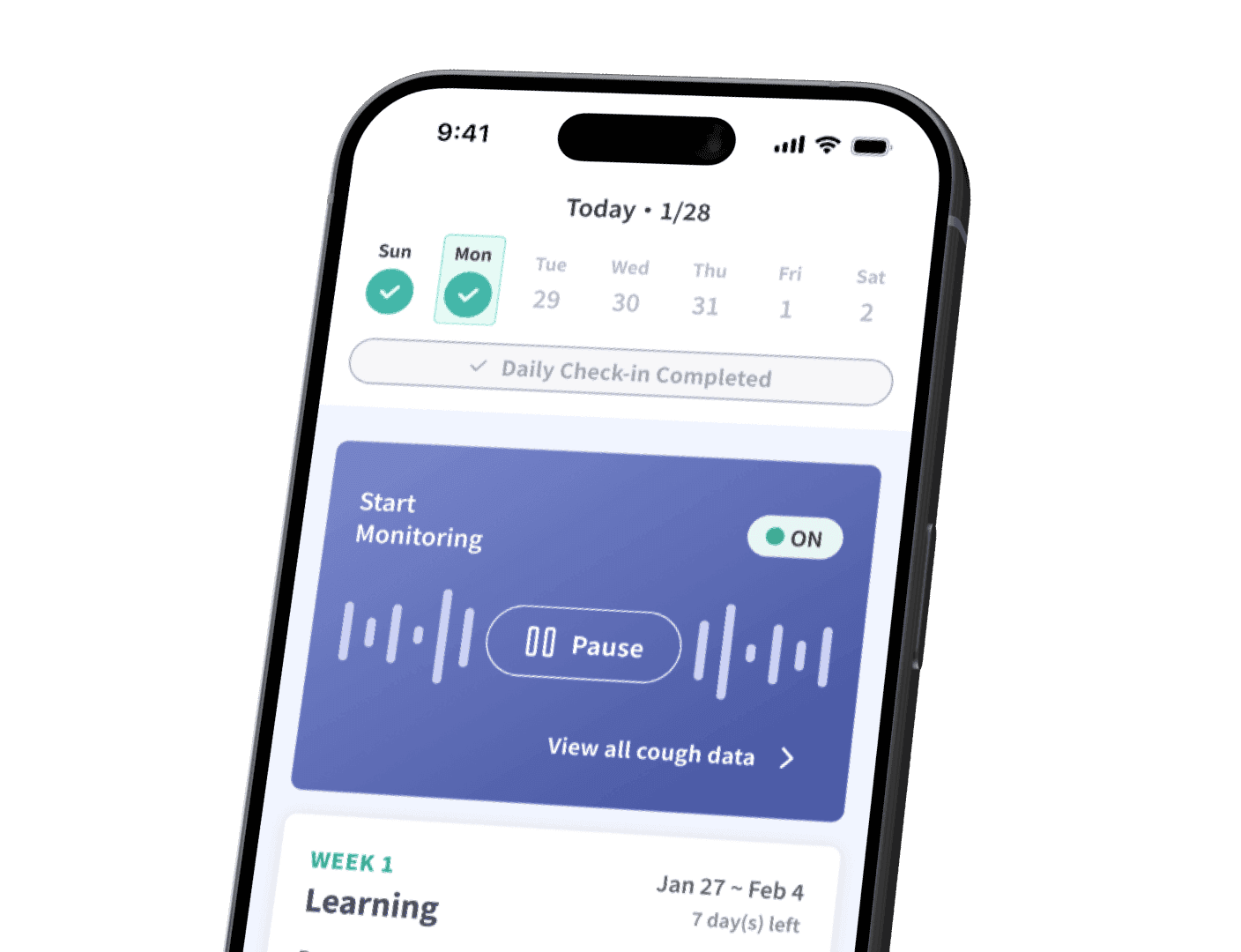 ResolveDTx app screen displaying real-time cough monitoring activation