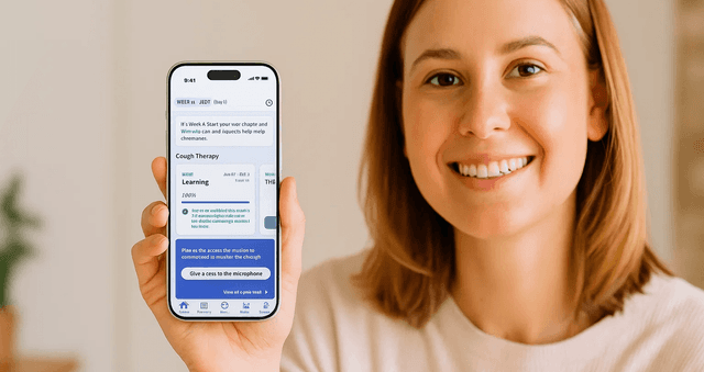 Person demonstrating Hyfe ResolveDTx digital therapeutic app for chronic cough treatment