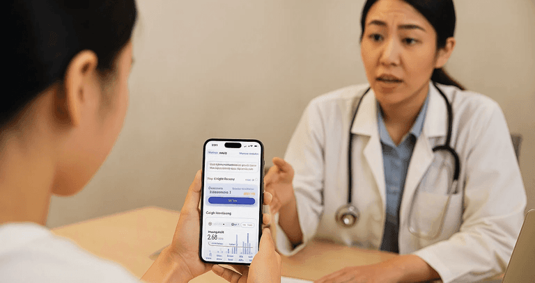 Doctor reviewing chronic cough data with a patient using Hyfe’s digital therapeutic app