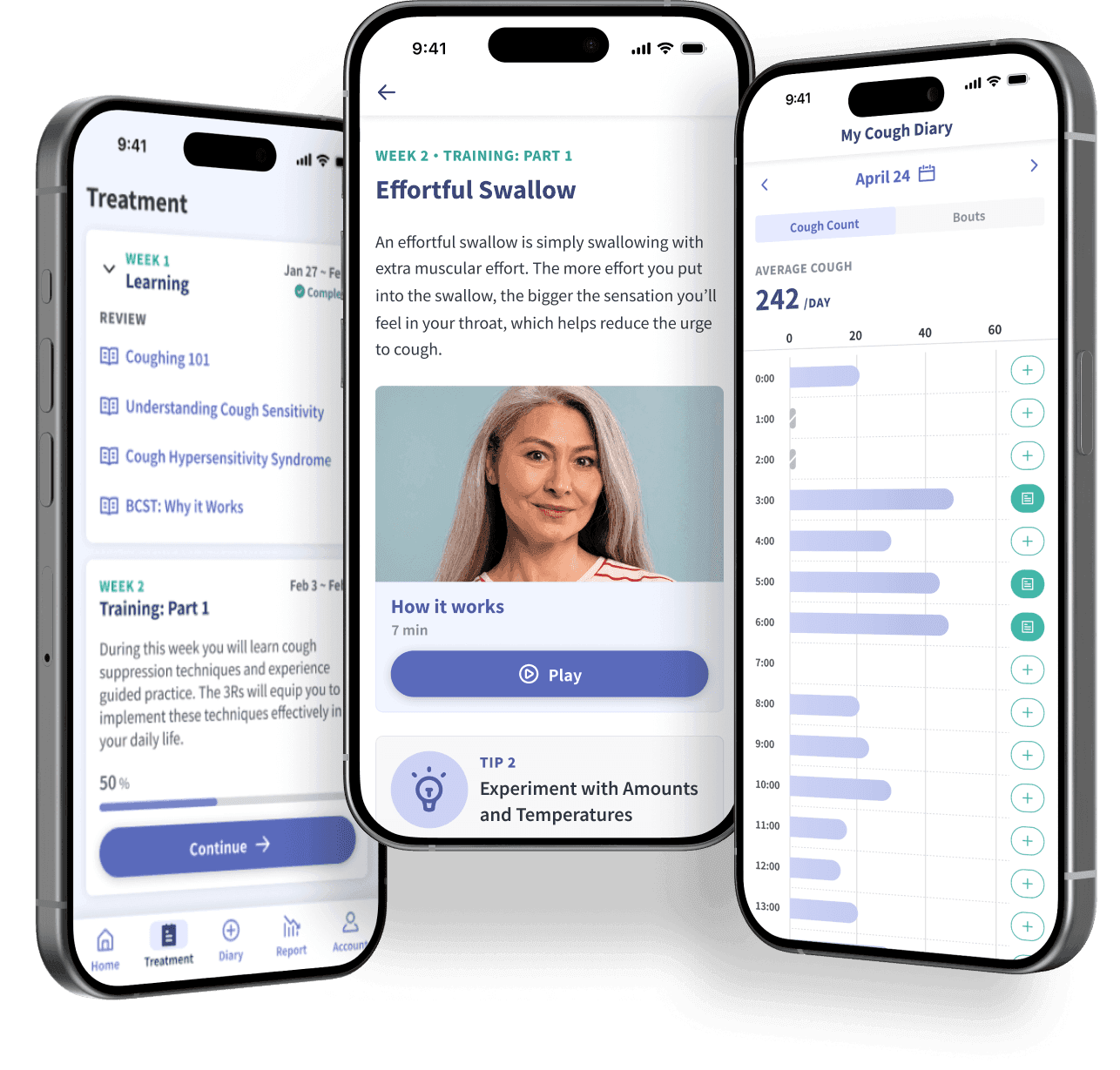 ResolveDTx digital therapeutic interface showing chronic cough treatment screens and real-time cough monitoring smartwatch